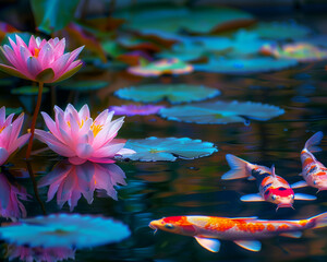 Tranquil pond at dawn, koi fish gracefully swimming under blooming water lilies