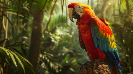 Obraz premium Vibrant macaw perched gracefully, vivid feathers prominent against lush jungle backdrop