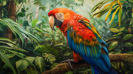 Vibrant macaw perched gracefully, vivid feathers prominent against lush jungle backdrop