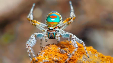 Fototapeten Dazzling peacock spider in its courtship dance, a microcosm of vibrant colors and patterns © thanakrit