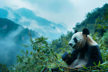 Obraz premium Serene Giant Panda in misty mountain habitat, leisurely enjoying bamboo