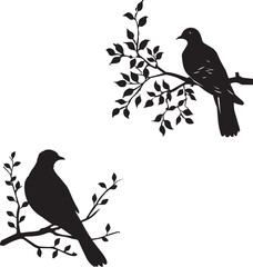 Set of Silhouette birds Dove on a tree branch