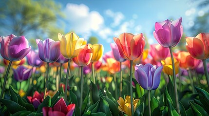 Transform your visuals with vibrant hues of full bloom tulip garden in wide-angle panorama