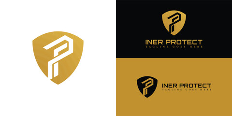 Initial logo letter IP or PI with shield Icon gold color isolated on multiple background colors. Letter IP or PI in gold color applied for security system technology company logo design inspiration - obrazy, fototapety, plakaty