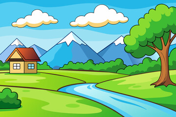 Fototapeta premium Lush green trees dominate the expansive landscape, creating a serene and awe-inspiring backdrop.