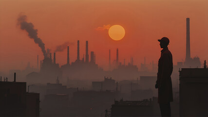 A dystopian cityscape choked with smog and pollution, with towering factories belching smoke into the sky - obrazy, fototapety, plakaty