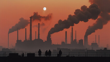 A dystopian cityscape choked with smog and pollution, with towering factories belching smoke into the sky - obrazy, fototapety, plakaty