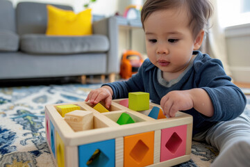 Closeup of an adorable child playing with wooden shape blocks on the floor, using their hands to place them inside different shapes in a colorful wood block cube box for development and learning