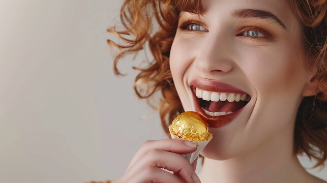 Portrait of a Woman Eating Golden Chocolate: Indulgence and Bliss