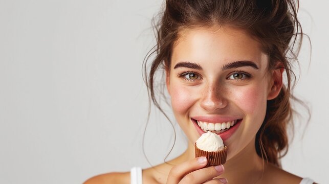 Woman Enjoying Ice Cream: A Refreshing Delight with Copy Space Background Banner