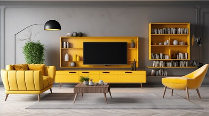Creative and modern vintage living room interior design with yellow sofa and coffee table on grey carpet. Lamella wall with tv, bookcase and chest of drawers . Herringbone parquet. Template