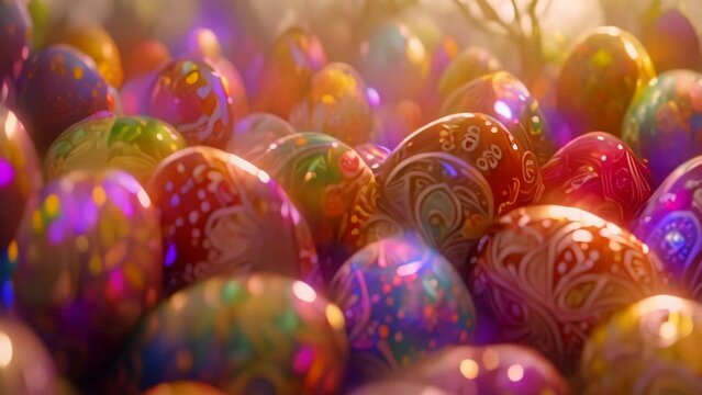 Close up of colored and decorated easter eggs. 4k video animation