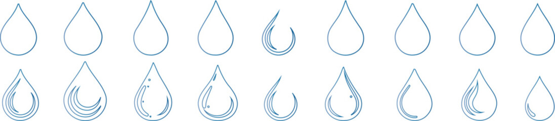 Water drop outlines set, blue gradient Water drop line art vector illustration. Clean, minimalist design capturing essence of water and purity