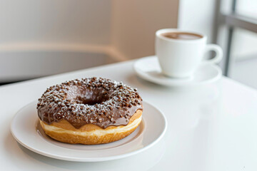 Mocha Latte Donut on White Plate with Perfect Composition Gen AI