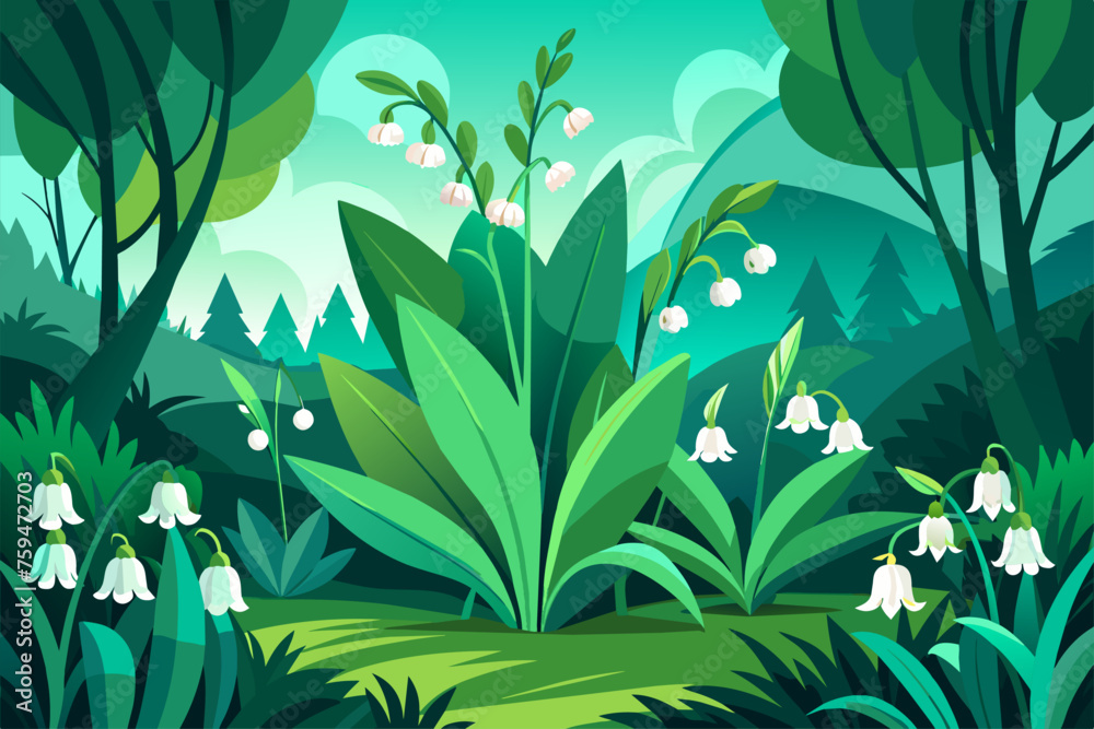 Poster lily of the valley garden background is