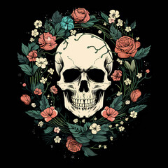 skull and rose art illustration for print