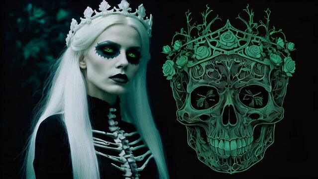 Against a dark background, there is a woman with white hair and a gothic crown and an illustration of a skeleton adorned with green decorations.
