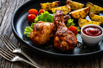 Oven baked chicken drumsticks with baked potato and fresh vegetables on wooden table
