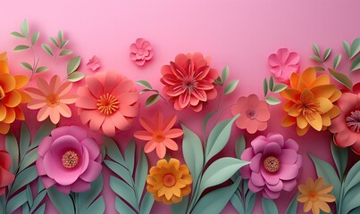 3d illustration, bright paper flowers, bright holiday floral background