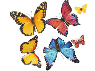 implistic four or five butterflies in various patterns and colors, They are set against a plain white background PNG