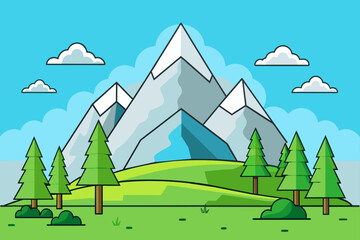 A lush forest sits at the base of a majestic mountain, its towering peaks stretching towards the heavens.