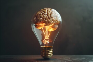 Virtual Brain in Light Bulb: 3D Rendered Education Concept Symbolizing Creative Thinking and Intelligence