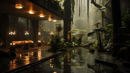 foggy indoor garden with 50 feet ceiling glass dome and fountain water feature, warm lighting, fern trees, holistic surrounding - obrazy, fototapety, plakaty