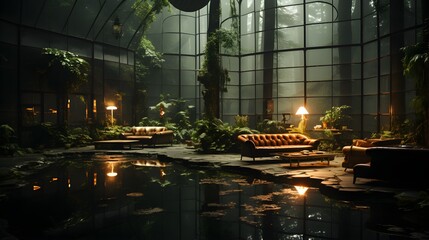 foggy indoor garden with 50 feet ceiling glass dome and fountain water feature, warm lighting, fern trees, holistic surrounding - obrazy, fototapety, plakaty