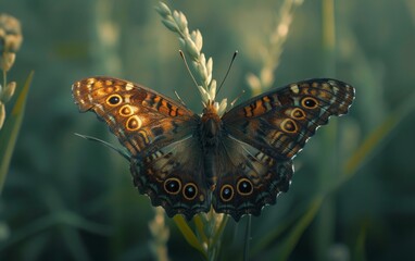Impressive dark umber butterfly with entrancing eye designs on its wings, perched gracefully on a...