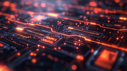 A deep dive into the cyber circuitry nexus, with orange neon highlights tracing the data pathways of advanced computing.. - obrazy, fototapety, plakaty