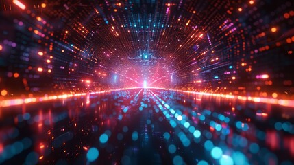 Fototapeta premium A tunnel of glowing neon data points stretches into infinity, symbolizing the boundless journey of digital exploration..