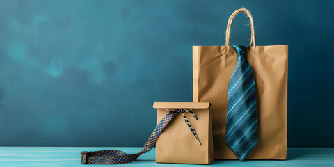 Blank brown paper carrier bag with handles for shopping, facing front on right side of a light wood veneer table with pale blue wall background. - obrazy, fototapety, plakaty