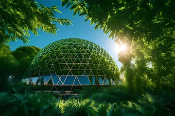 Futuristic geodesic dome ecological architecture with vegetation. Eco-friendly concepts. Eco-architecture. Modern city in future - obrazy, fototapety, plakaty