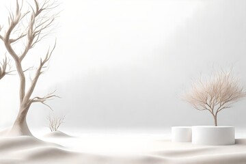 Minimal mockup background for product presentation. Podium and dry tree twigs branch with white sand beach on white background. 3d rendering illustration. Clipping path of each element included.