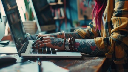 Close up of hands Tattoo woman creative ideas design inspiration working with computer in office.
