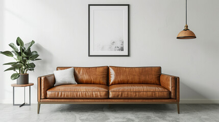 Minimalist style home interior design of modern living room. Shabby leather sofa near white wall with art poster