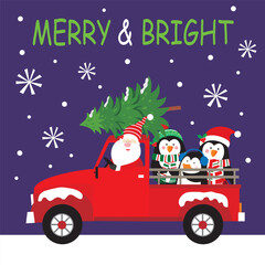 Christmas card design with cute santa, penguin and tree on the ca