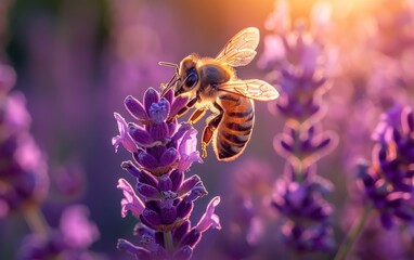 A bee delicately suspends itself over the lavender flora - obrazy, fototapety, plakaty