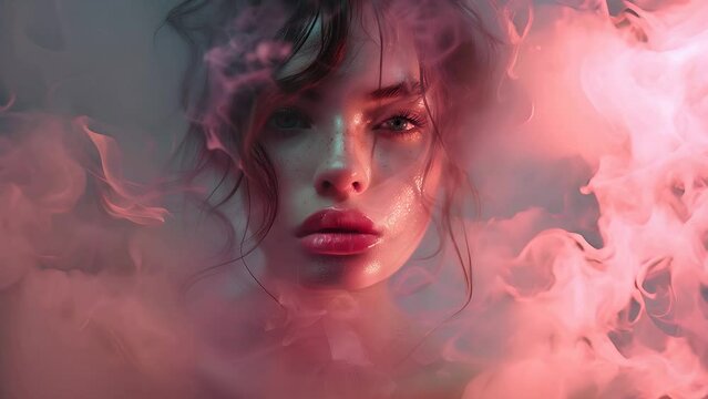 Fashion surreal Concept. Portrait of pretty freckled tousled hair woman girl surround in pastel pink purple swirling smoke clouds fog. wallpaper banner clip mov 4K HD motion