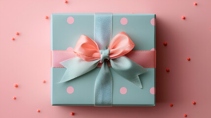 This congratulatory scene showcases top view of a pastel blue gift box adorned with polka dots and an adorable pink ribbon bow. generative ai 