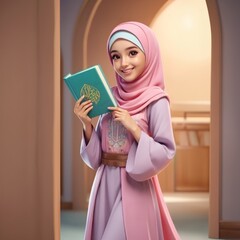 Illustration of beautiful hijab girl with books in the library