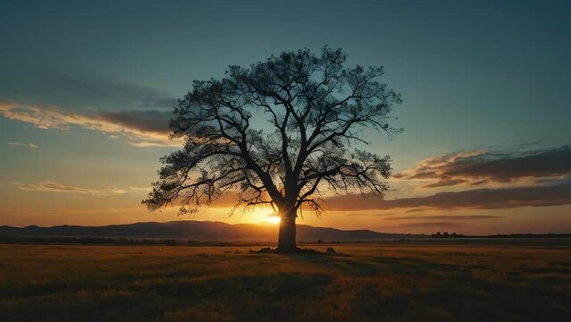 A solitary tree stands in an open field with the setting sun highlighting its silhouette. The expansive sky and clouds create a beautiful gradient, evoking a sense of stillness and calm.
