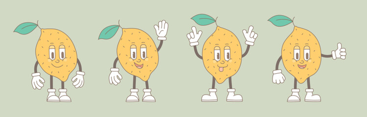 Retro groovy cartoon fruit characters. Modern cute comic mascot of lemons with happy smile face, hands and feet