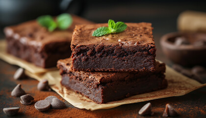 Close-up of brownie dessert on plate. - obrazy, fototapety, plakaty