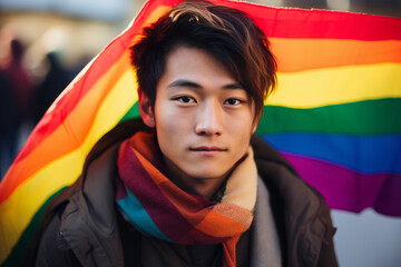 Young man with rainbow colored flag