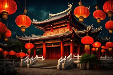Türaufkleber Traditional Chinese Buddhist Temple illuminated for the Mid-Autumn festival. digital art © Maryam