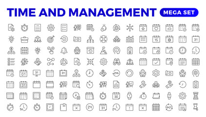 Business and management line icons set. Management icon collection. Project management icon collection. Time management and planning concept. Outline icon set. - obrazy, fototapety, plakaty