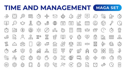 Business and management line icons set. Management icon collection. Project management icon collection. Time management and planning concept. Outline icon set.