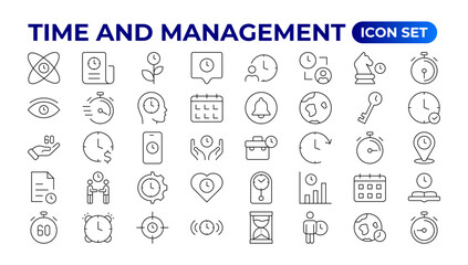 Business and management line icons set. Management icon collection. Project management icon collection. Time management and planning concept. Outline icon set.