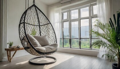 a cozy swing chair into the living room corner, suspended from the ceiling with sturdy ropes or chains. Surround the chair with floor-to-ceiling windows to create a bright and airy space, perfect for 